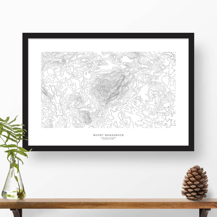 Framed black and white print of Mount Monadnock, New Hampshire with topography art.