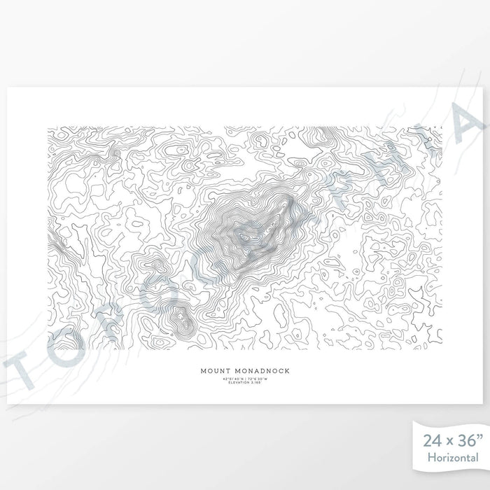 Mountain print of Mount Monadnock, New Hampshire with a topographic map. Black contour lines on a white background.