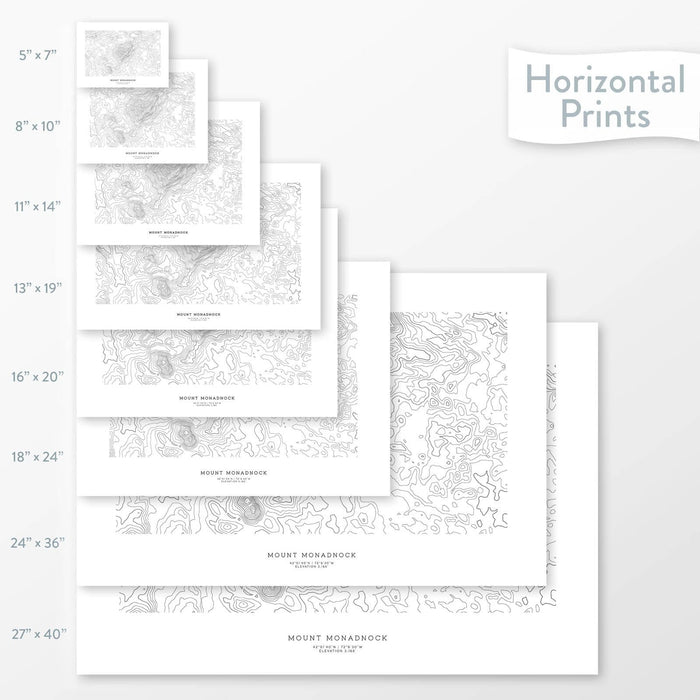 Decorative maps in many sizes of Mount Monadnock, New Hampshire topography: 5x7, 8x10, 11x14, 16x20, 18x24, 24x36, and 27x40.