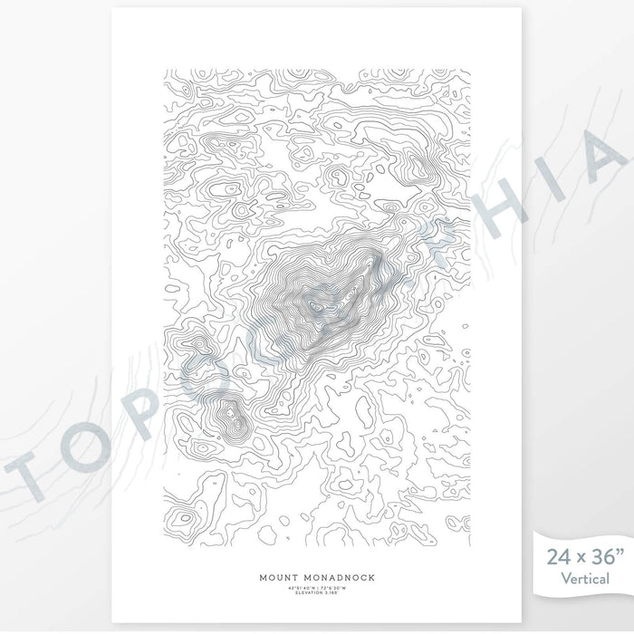 Mount Monadnock, New Hampshire poster with black and white contour lines to represent topography