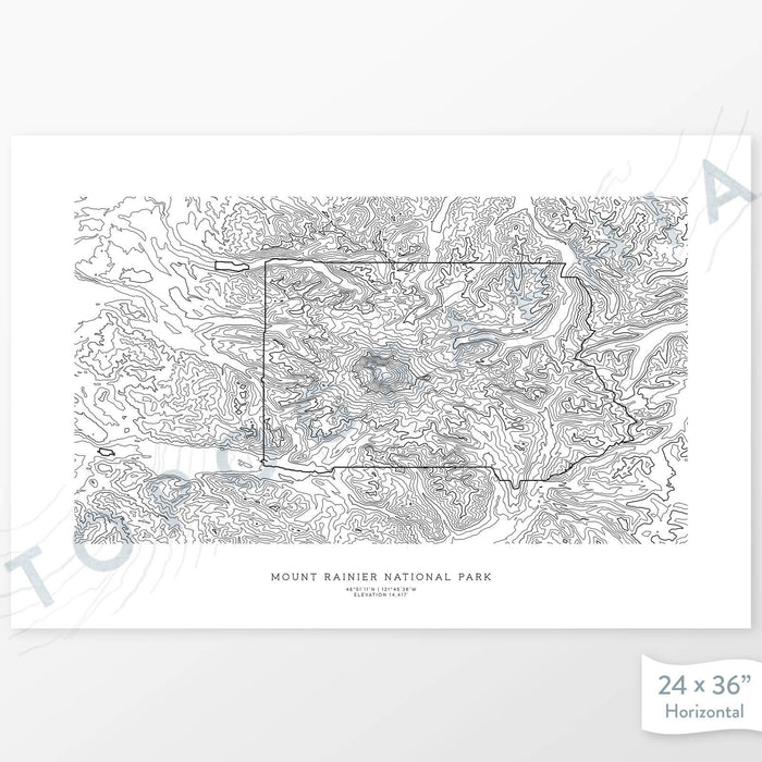 Horizontal custom topo map print of Mount Rainier National Park. Contour lines show the tall mountain topography of the area. 