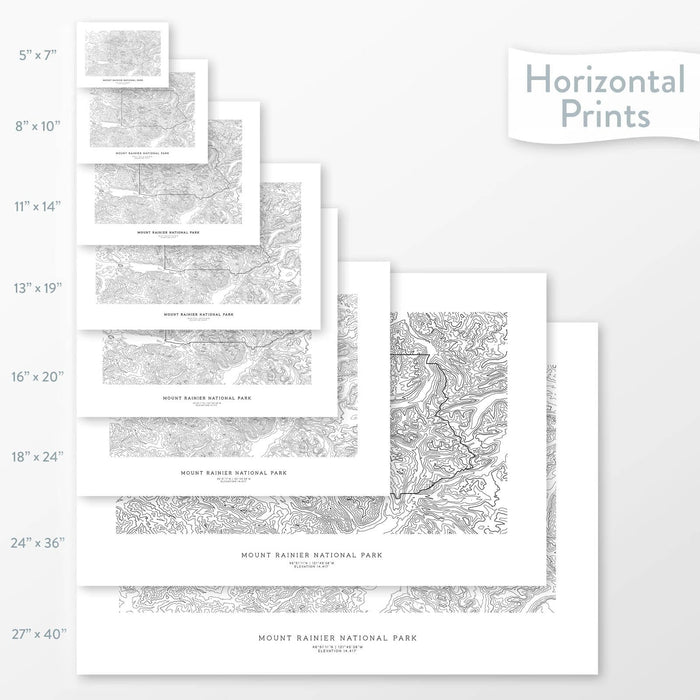 National park art of Mount Rainier. Map wall decor is available in multiple sizes: 5x7, 8x10, 11x14, 16x20, 18x24, 24x36, and 27x40.