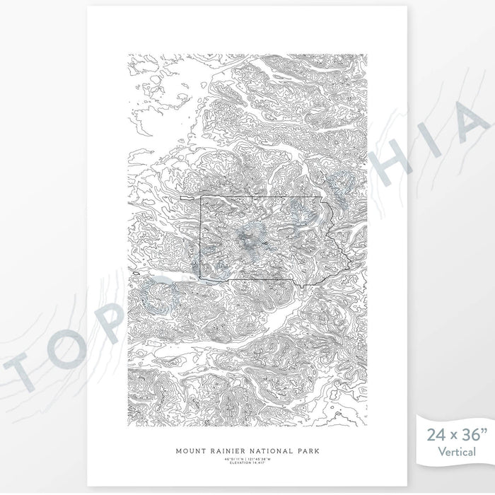 Mount Rainier National Park poster with topograpy contour lines in black on a white background. Customizable text makes it a great map art gift idea.