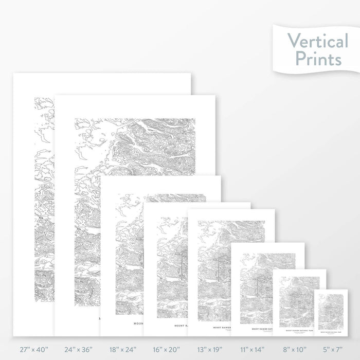6 sizes of Mount Rainier National Park poster that features a topographic map design.