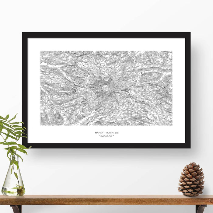 Framed black and white print of Mount Rainier, Washington with topography art.