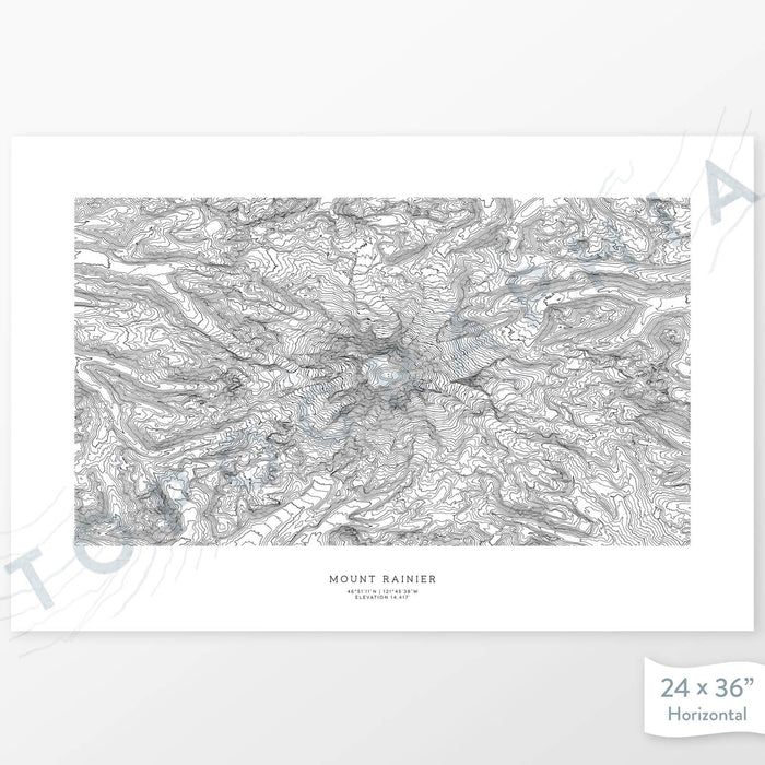 Horizontal custom topo map print of Mount Rainier. Contour lines show the steep mountain topography of the area.