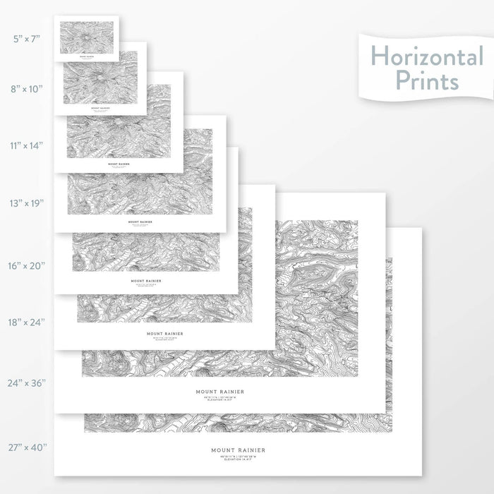 All sizes of horizontal prints for Mount Rainier, Washington poster with topographic map.