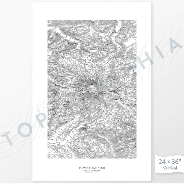 Mount Rainier, Washington poster with topograpy contour lines in black on a white background. Customizable text makes it a great map art gift idea.