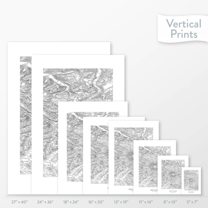 Available sizes for Mount Rainier, Washington topographic maps. 5x7, 8x10, 11x14, 16x20, 18x24, 24x36, and 27x40 posters shown. as black and white prints on a gray background.