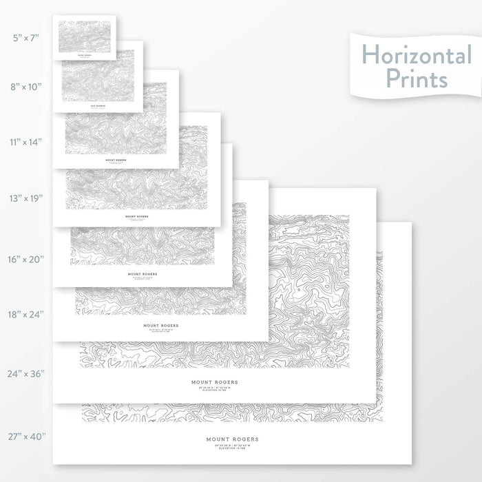 All sizes of horizontal prints for Mount Rogers, Virginia poster with topographic map.