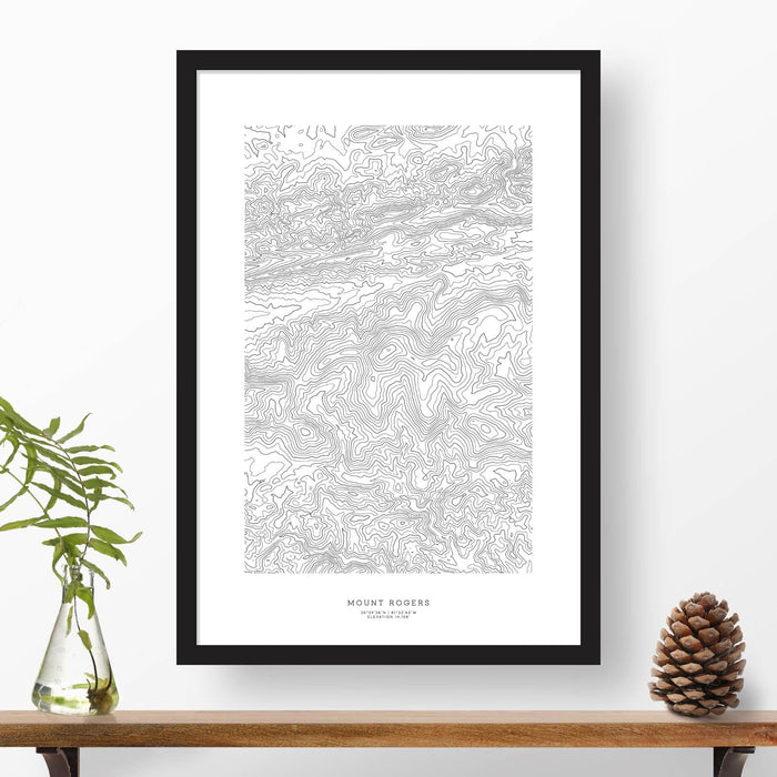 Topographic map of Mount Rogers, Virginia with a black frame.