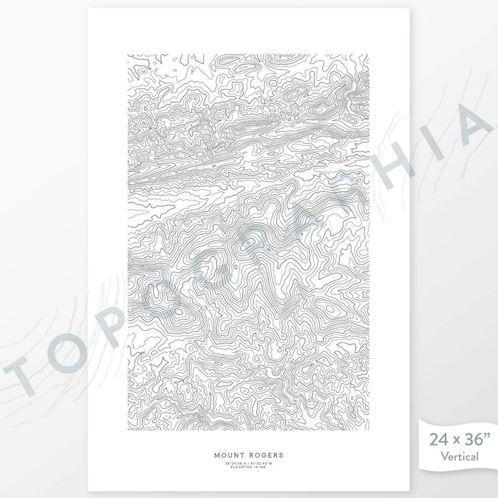 Mount Rogers, Virginia poster with black and white contour lines to represent topography