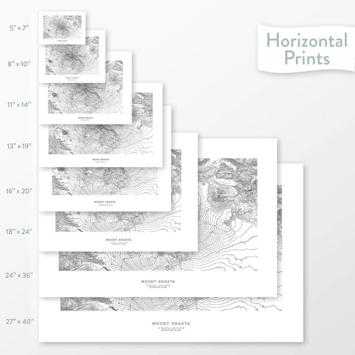 Available sizes for Mount Shasta, California topographic maps. 5x7, 8x10, 11x14, 16x20, 18x24, 24x36, and 27x40 posters shown. as black and white prints on a gray background.