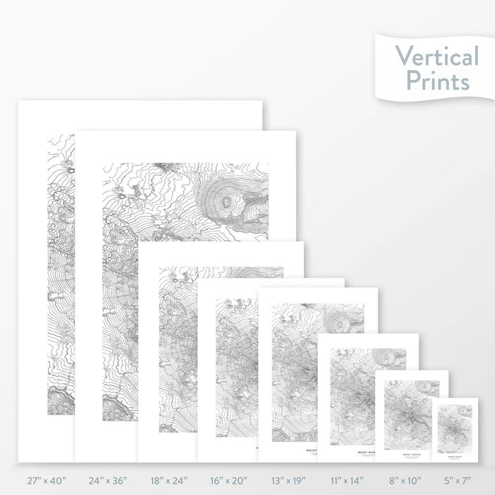 Available sizes for Mount Shasta, California topographic maps. 5x7, 8x10, 11x14, 16x20, 18x24, 24x36, and 27x40 posters shown. as black and white prints on a gray background.