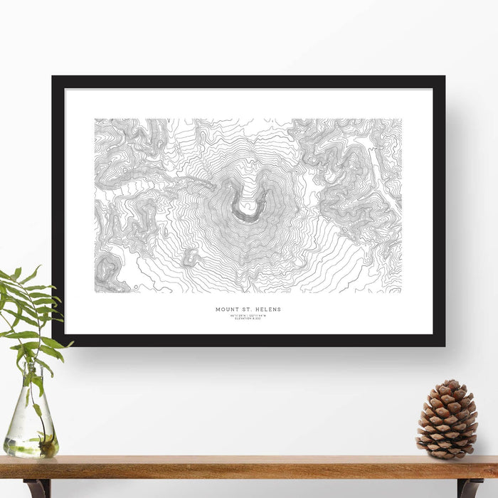 Mount St. Helens topographic map art poster with black frame.