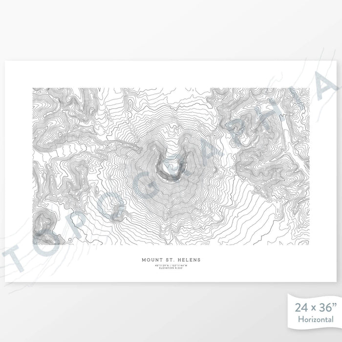 Horizontal Mount St. Helens, Washington poster with topography.