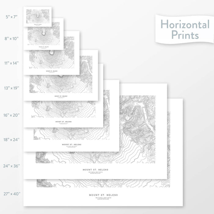 All sizes of horizontal prints for Mount St. Helens, Washington poster with topographic map.