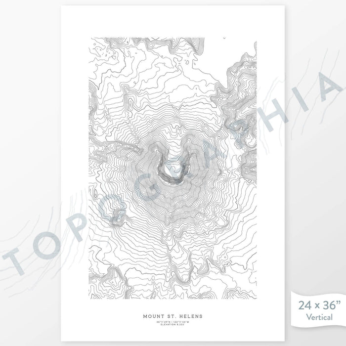 Mount St. Helens, Washington poster with black and white contour lines to represent topography