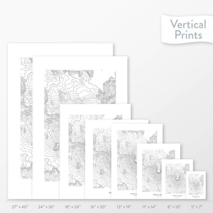 6 sizes of Mount St. Helens, Washington poster that features a topographic map design.