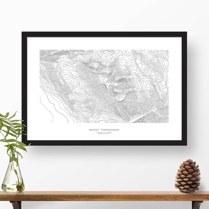 Framed travel art of Mount Timpanogos, Utah, featuring topography map art in black and white.