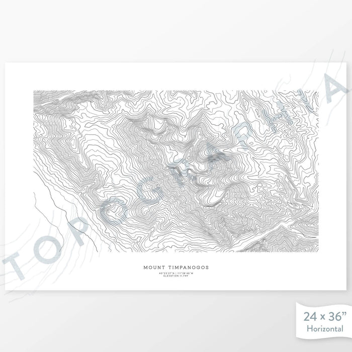 Example topographic map print of Mount Timpanogos, Utah. Art uses horizontal orientation. Print shows landscape of the area using contour lines. On the artwork is a title and concise info of location and elevation.