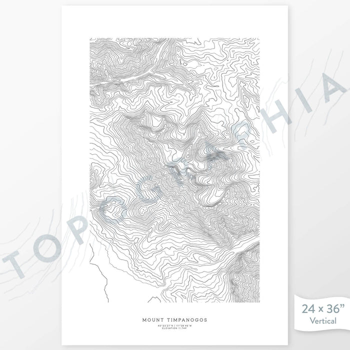 Example art map print of Mount Timpanogos, Utah. Art uses verticle orientation. Print shows landscape of the area using elevation data. On the artwork is a title and concise info of location and elevation. Custom map decor