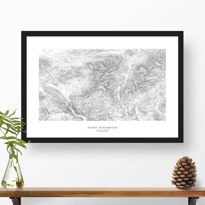Framed travel art of Mount Washington, New Hampshire, featuring topography map art in black and white.