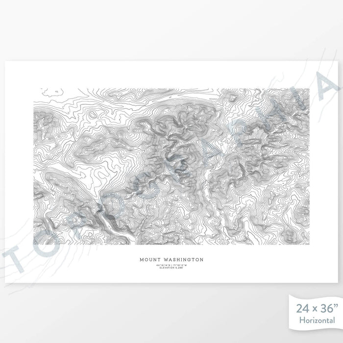 Horizontal custom topo map print of Mount Washington, New Hampshire. Contour lines show the topography of the area. Mountain artwork