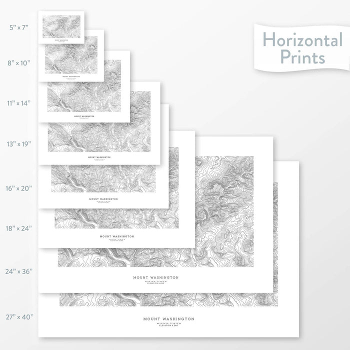 Mountain art of Mount Washington, New Hampshire. Map wall decor is available in multiple sizes: 5x7, 8x10, 11x14, 16x20, 18x24, 24x36, and 27x40.