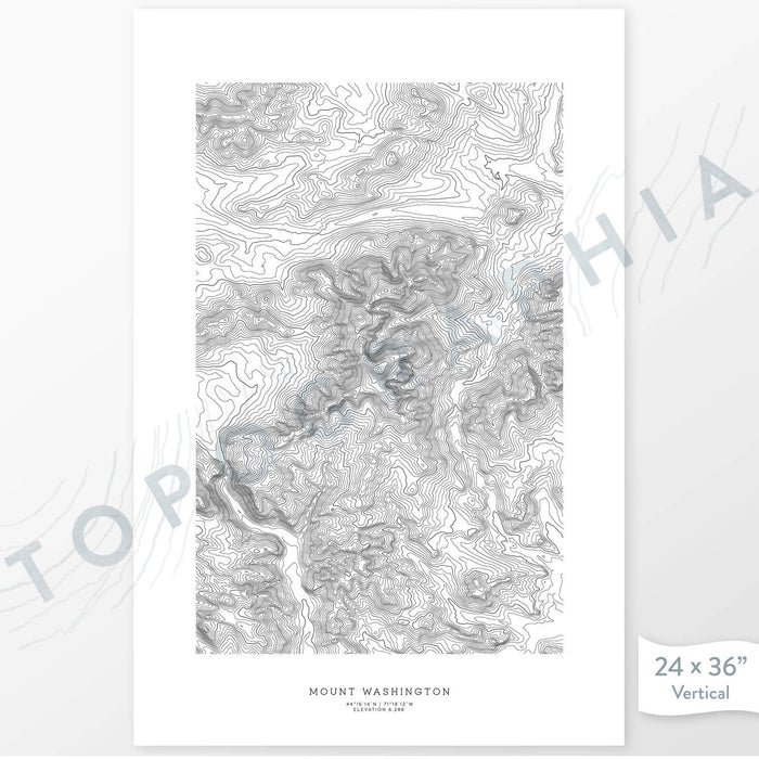 Example art map print of Mount Washington, New Hampshire. Art uses verticle orientation. Print shows landscape of the area using elevation data. On the artwork is a title and concise info of location and elevation. Custom map decor
