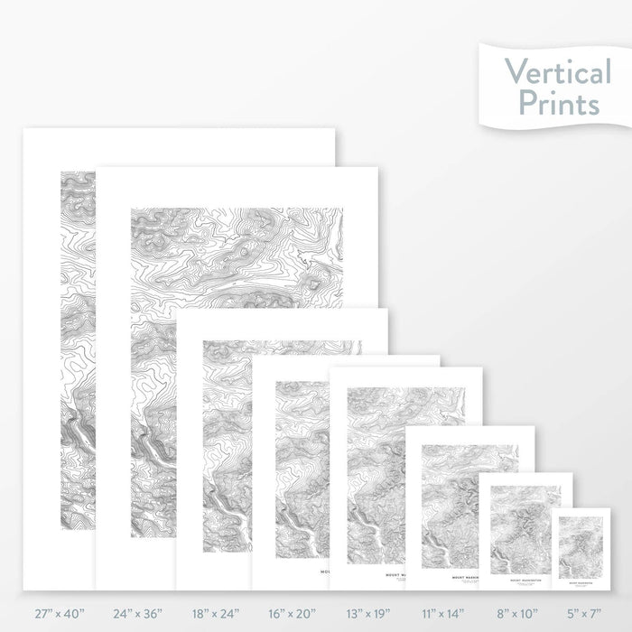 Topographic map art of Mount Washington, New Hampshire available to buy as posters, framed posters, and wrapped canvas wall art. Sized at 5x7, 8x10, 11x14, 16x20, 18x24, 24x36, and 27x40 inches.