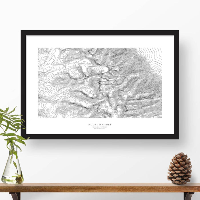 Framed black and white print of Mount Whitney, California with topography art.