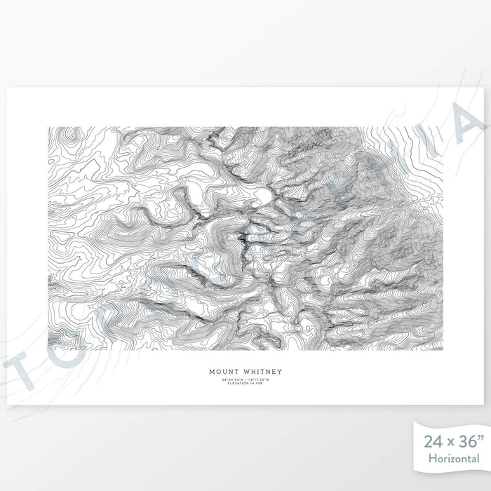 Horizontal Mount Whitney, California poster with topography.