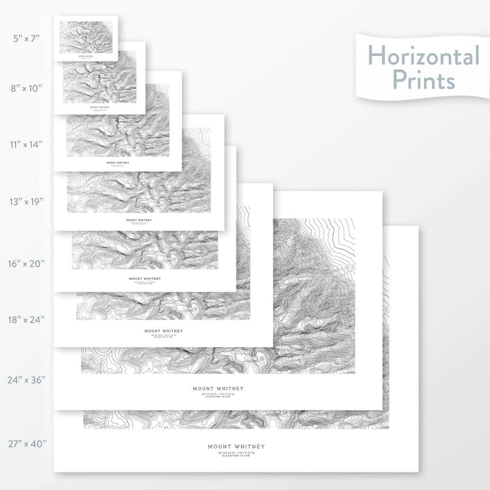 All sizes of horizontal prints for Mount Whitney, California poster with topographic map.