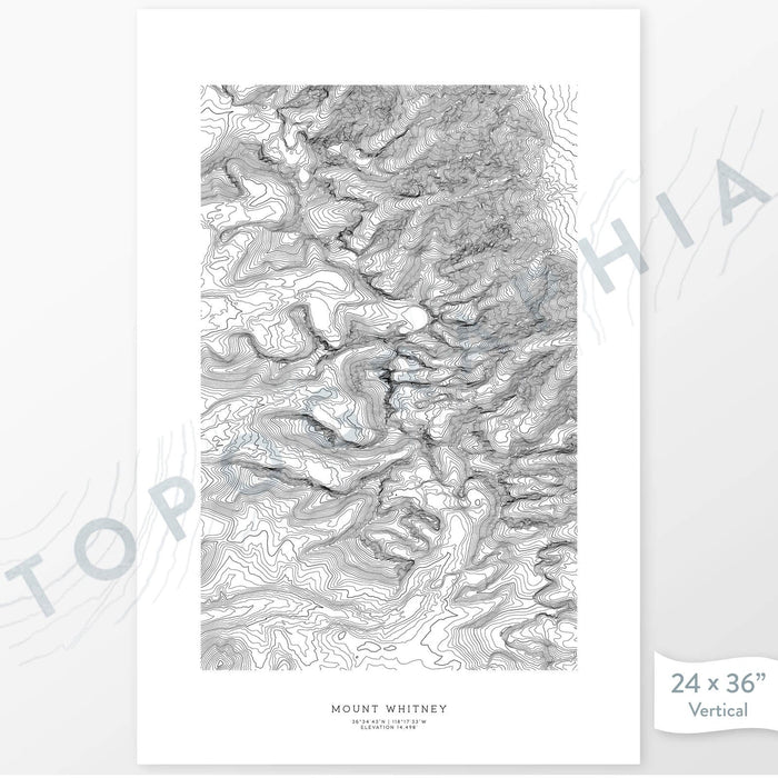 Mount Whitney, California poster with black and white contour lines to represent topography