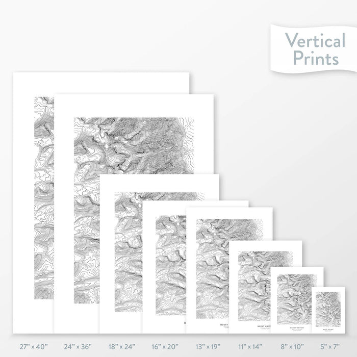 6 sizes of Mount Whitney, California poster that features a topographic map design.
