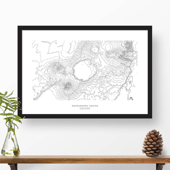 Framed travel art of Ngorongoro Crater, Tanzania featuring topography map art in black and white.