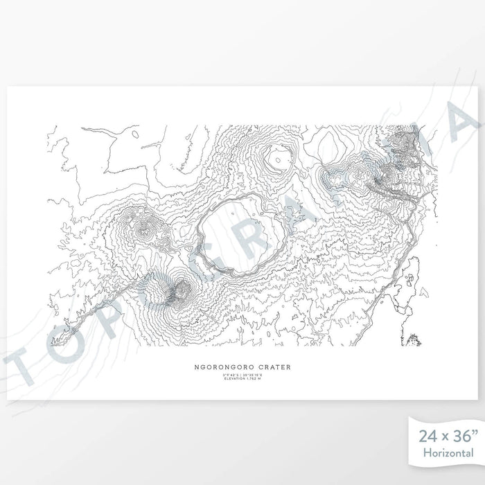 Horizontal custom topo map print of Ngorongoro Crater Conservation Area, Tanzania. Contour lines show the steep canyon topography of the area. National Park artwork