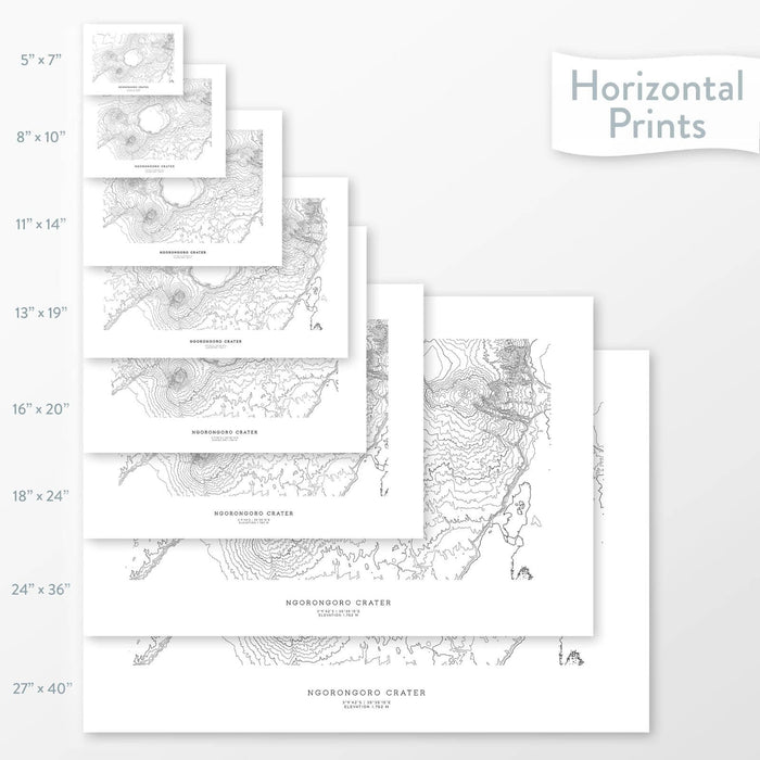 Mountain art of Ngorongoro Crater Conservation Area. Map wall decor is available in multiple sizes: 5x7, 8x10, 11x14, 16x20, 18x24, 24x36, and 27x40.