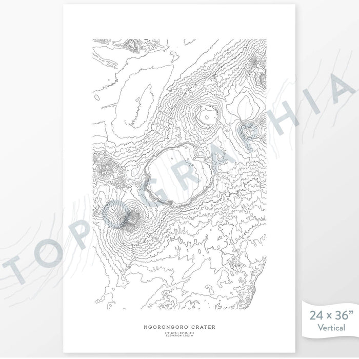Ngorongoro Crater Conservation Area poster with topograpy contour lines in black on a white background. Customizable text makes it a great map art gift idea.