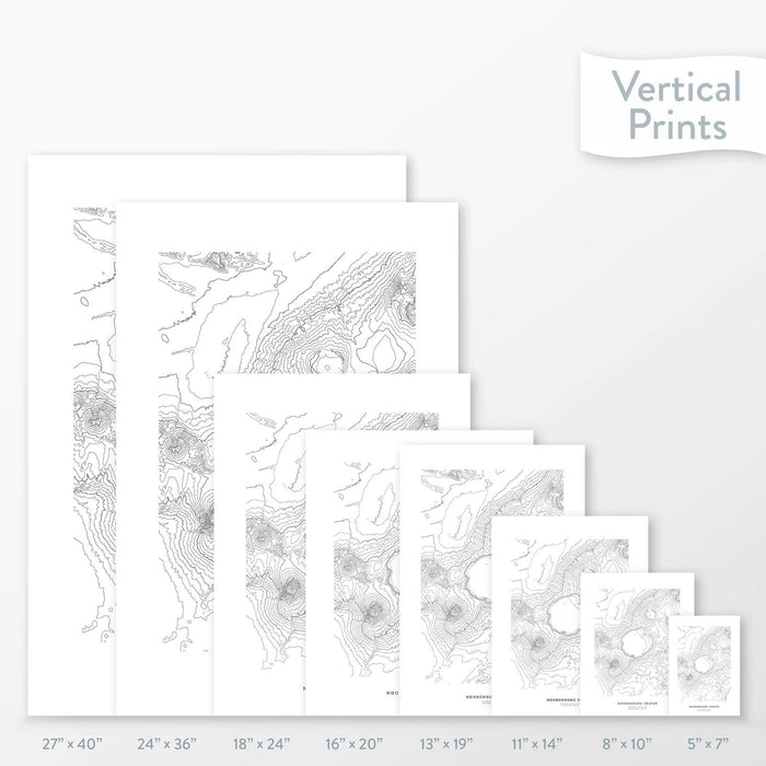 Side-by-side comparison of 8 dimension options for adventure travel art. Prints are decorative topographic maps of Ngorongoro Conservation Area, Tanzania.