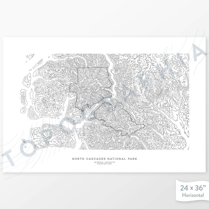 National Park print of North Cascades with a topographic map. Black contour lines on a white background.