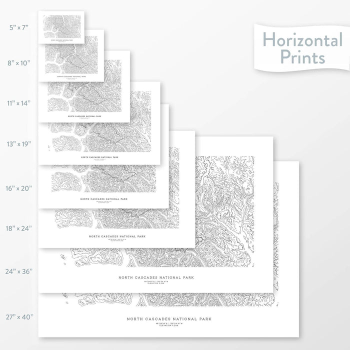 Decorative maps in many sizes of North Cascades National Park topography: 5x7, 8x10, 11x14, 16x20, 18x24, 24x36, and 27x40.