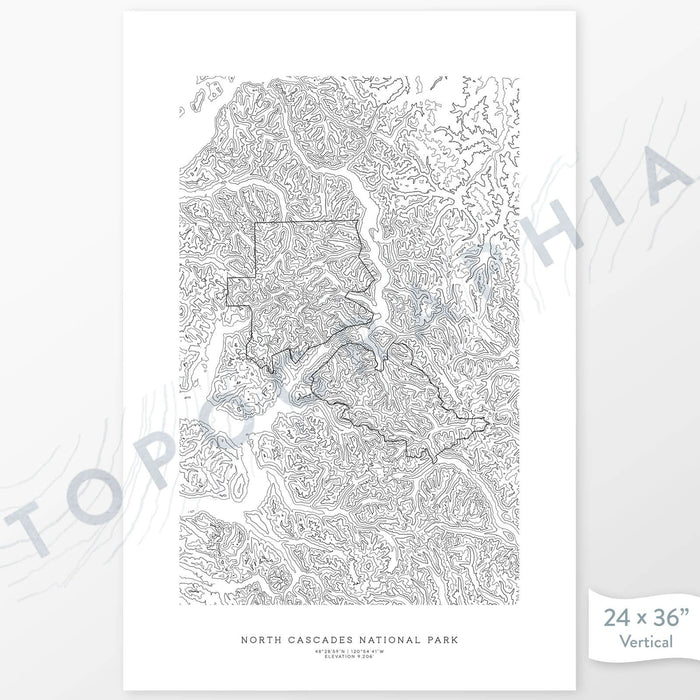 Vertical orientation North Cascades National Park poster with topographic map design.