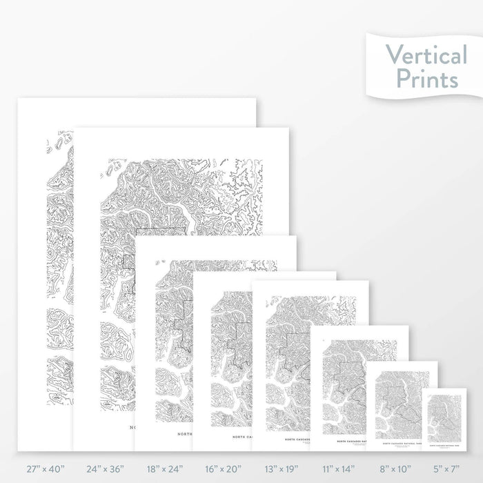 All sizes of North Cascades National Park topography vertical prints.