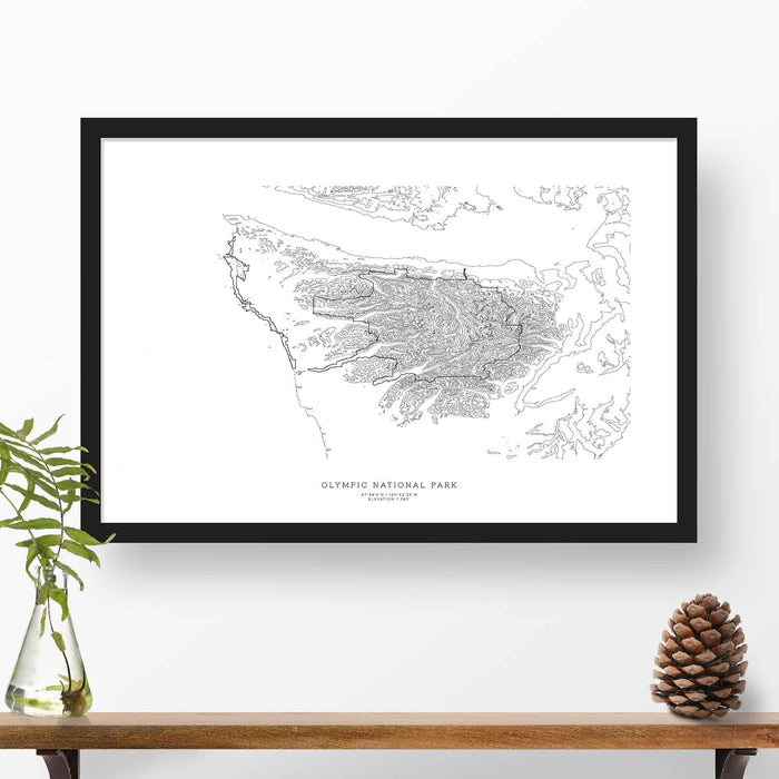 Olympic National Park topographic map art poster with black frame.