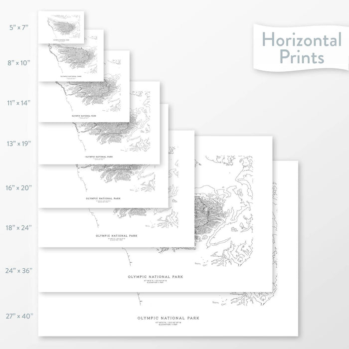 All sizes of horizontal prints for Olympic National Park poster with topographic map.