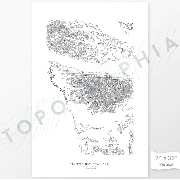 Olympic National Park poster with black and white contour lines to represent topography