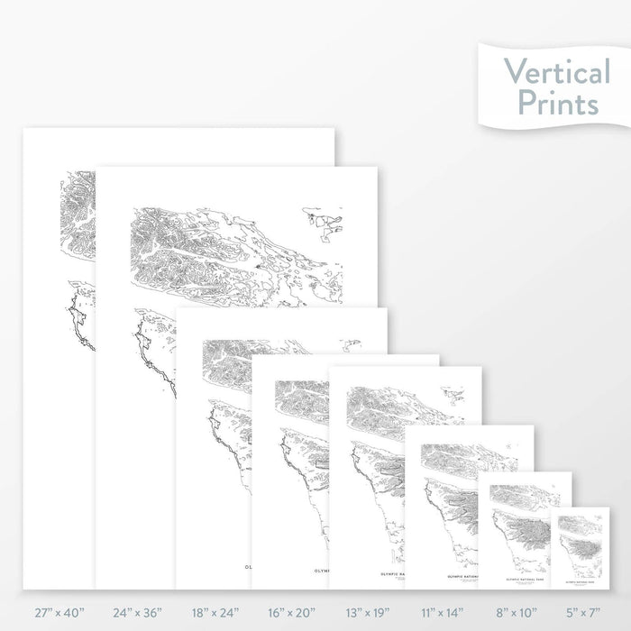 6 sizes of Olympic National Park poster that features a topographic map design.