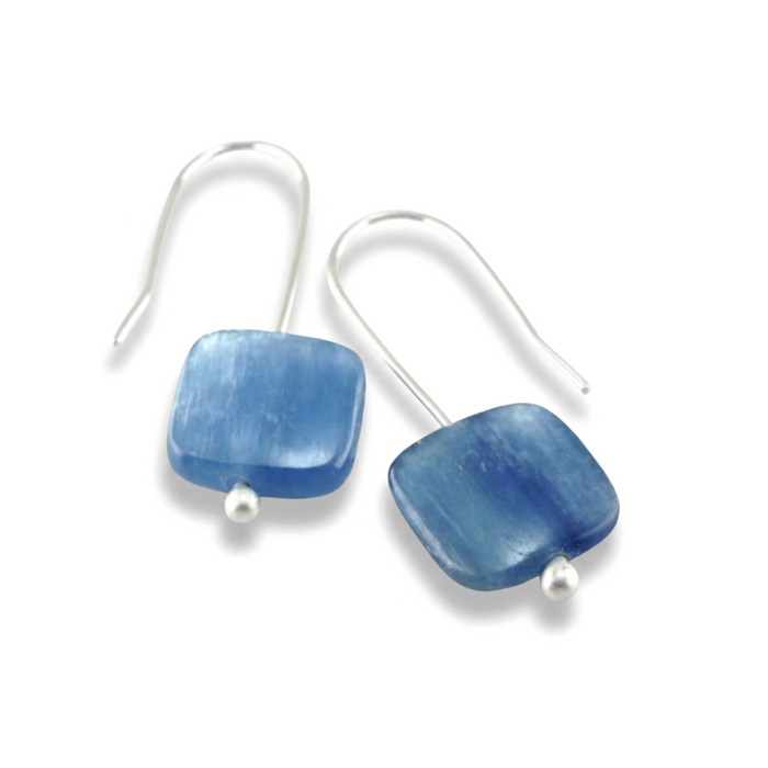 Square Blue Kyanite Drop Earrings with Argentium Silver